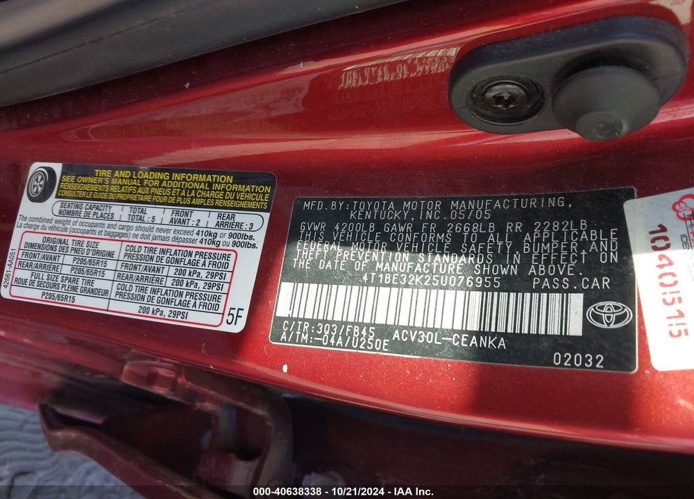 2005 TOYOTA CAMRY LE VIN: 4T1BE32K25U076955
