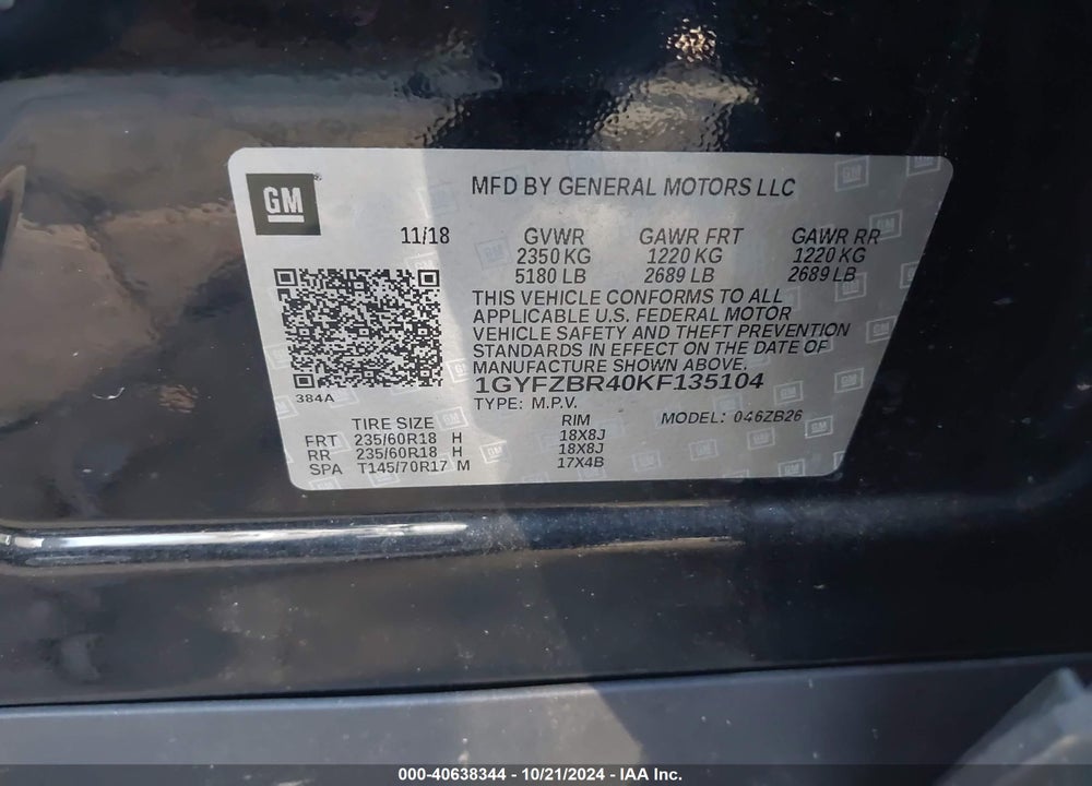 2019 CADILLAC XT4 LUXURY VIN: 1GYFZBR40KF135104