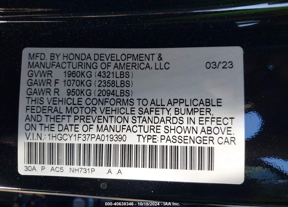 2023 HONDA ACCORD EX VIN: 1HGCY1F37PA019390