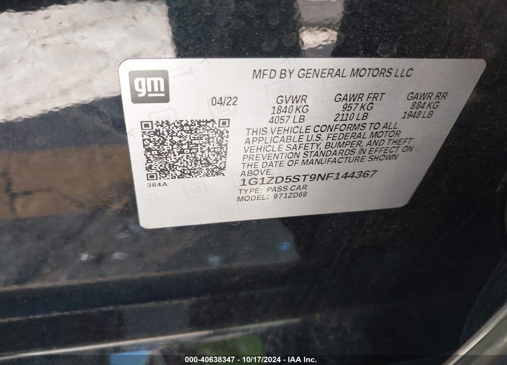 2022 CHEVROLET MALIBU FWD LT VIN: 1G1ZD5ST9NF144367