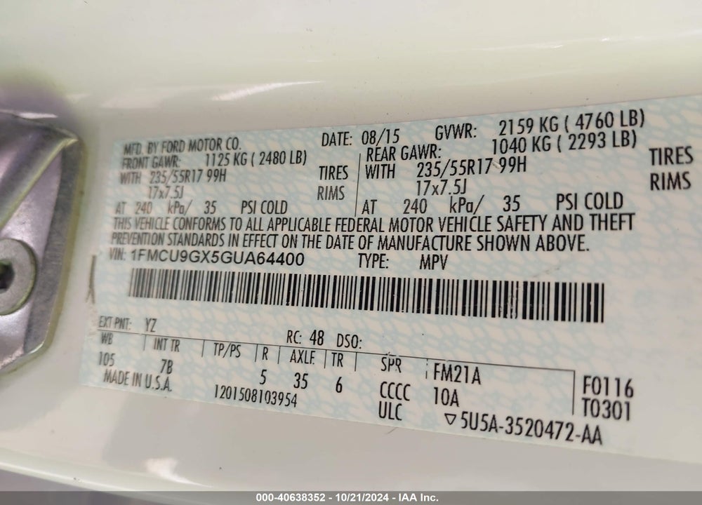 2016 FORD ESCAPE SE VIN: 1FMCU9GX5GUA64400