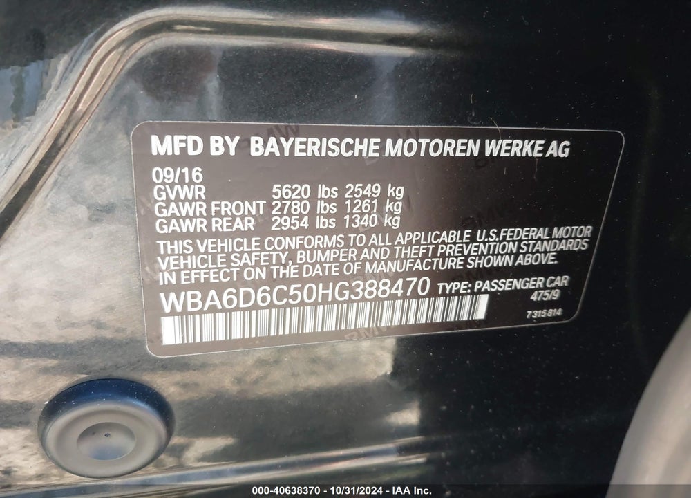 2017 BMW 650I GRAN COUPE XDRIVE VIN: WBA6D6C50HG388470