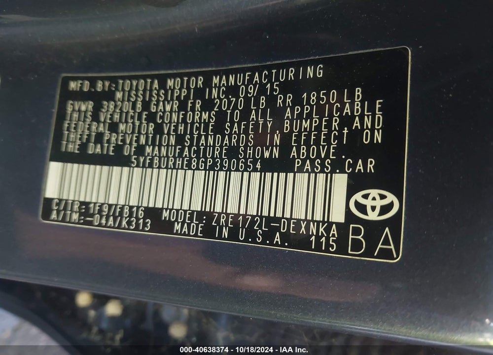 2016 TOYOTA COROLLA LE VIN: 5YFBURHE8GP390654