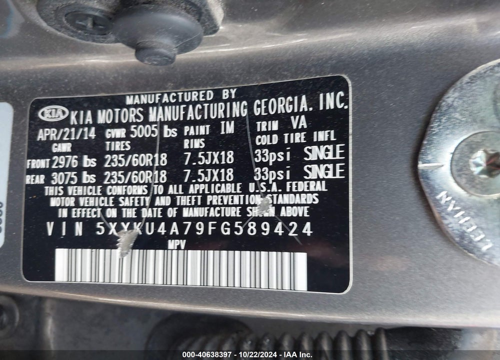 2015 KIA SORENTO EX V6 VIN: 5XYKU4A79FG589424