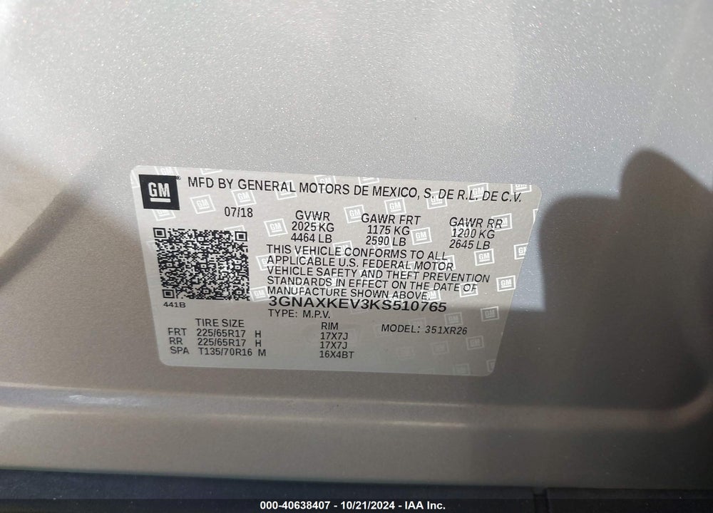 2019 CHEVROLET EQUINOX LT VIN: 3GNAXKEV3KS510765