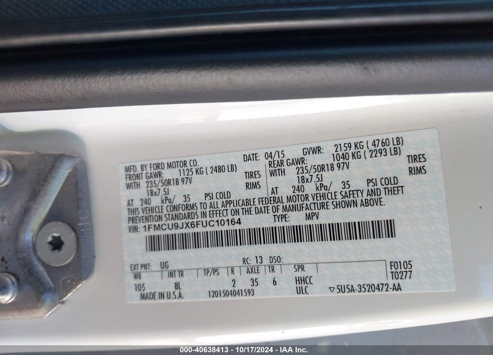 2015 FORD ESCAPE TITANIUM VIN: 1FMCU9JX6FUC10164