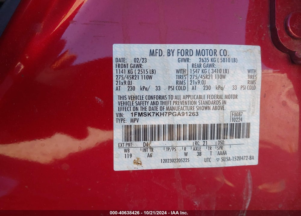2023 FORD EXPLORER ST-LINE VIN: 1FMSK7KH7PGA91263