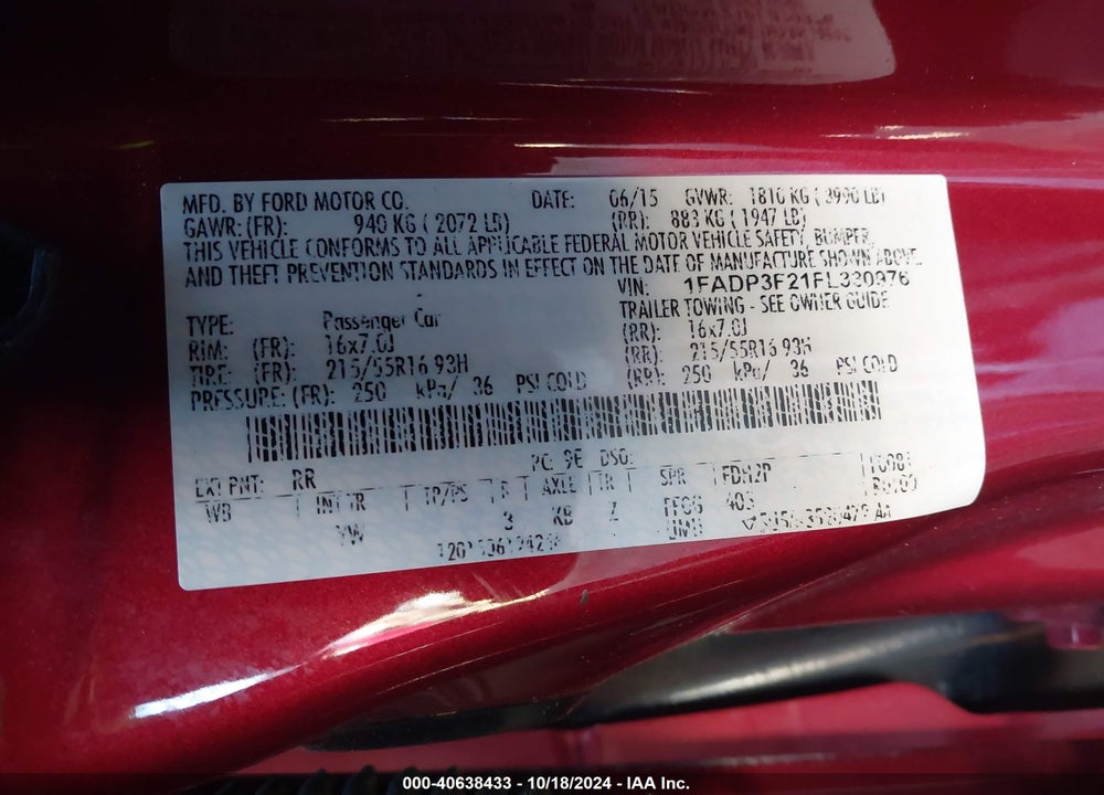 2015 FORD FOCUS SE VIN: 1FADP3F21FL330976