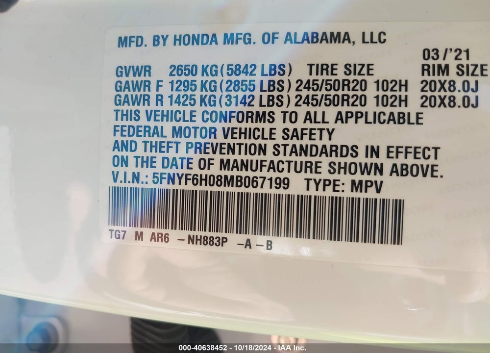 2021 HONDA PILOT AWD ELITE VIN: 5FNYF6H08MB067199