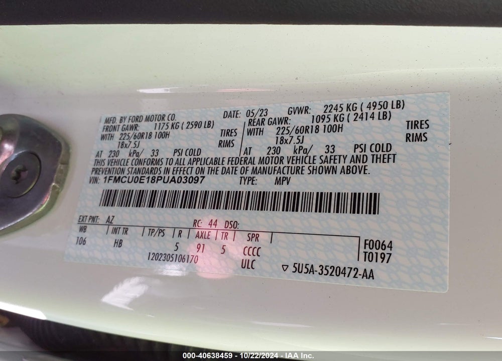 2023 FORD ESCAPE PHEV VIN: 1FMCU0E18PUA03097