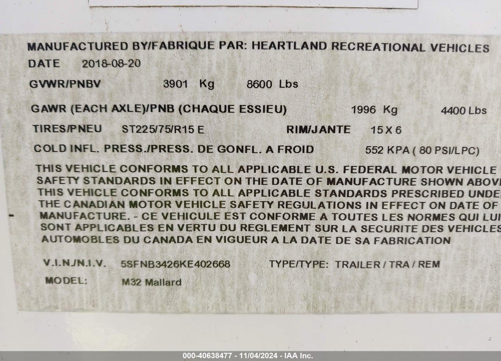 2019 TRAILER MALLARD TRAVEL VIN: 5SFNB3426KE402668
