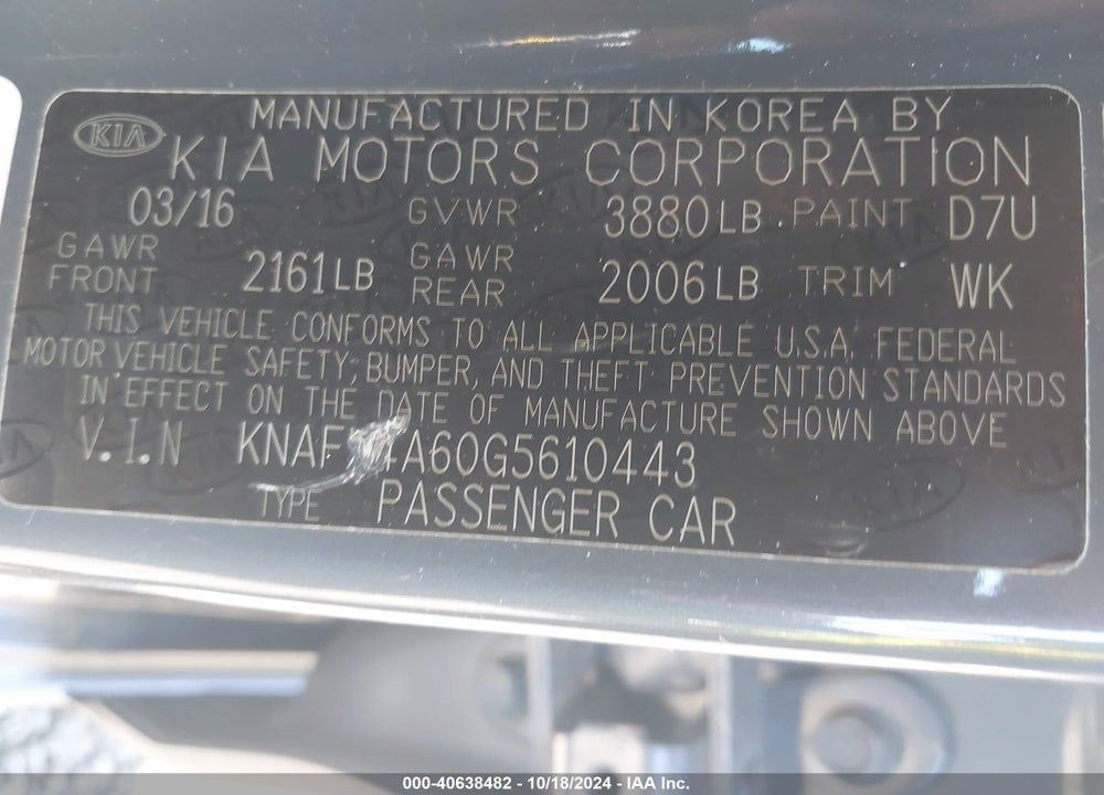 2016 KIA FORTE LX VIN: KNAFX4A60G5610443