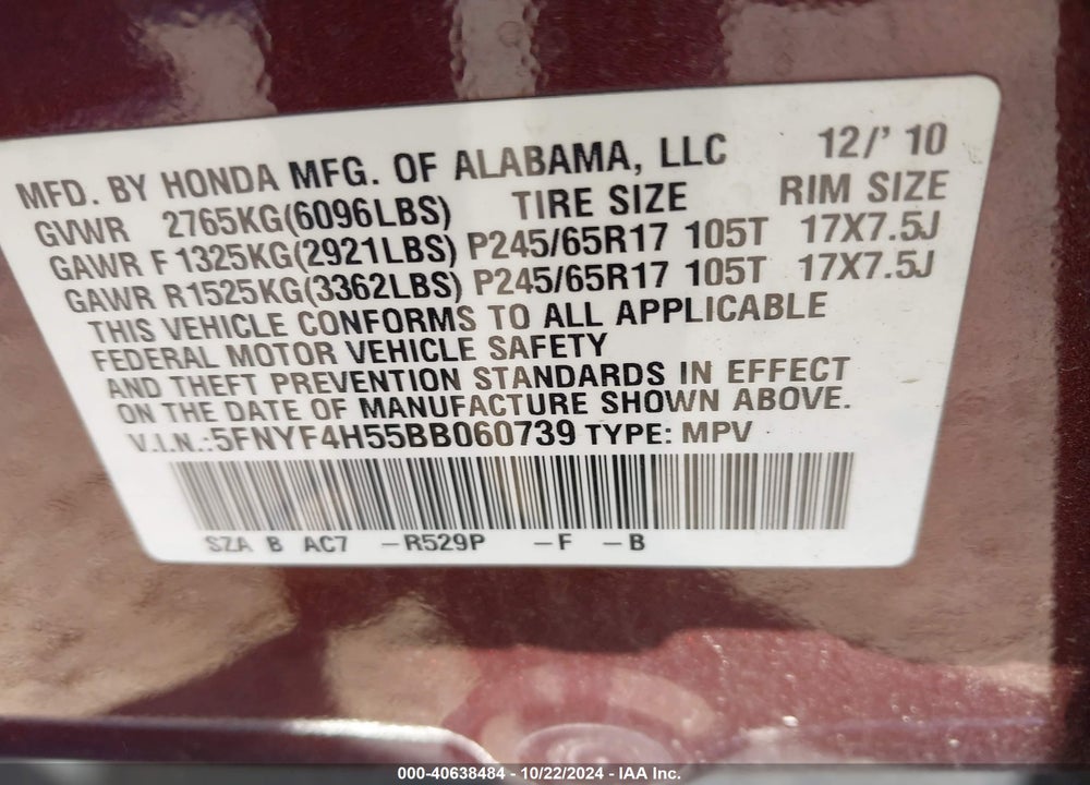 2011 HONDA PILOT EX-L VIN: 5FNYF4H55BB060739