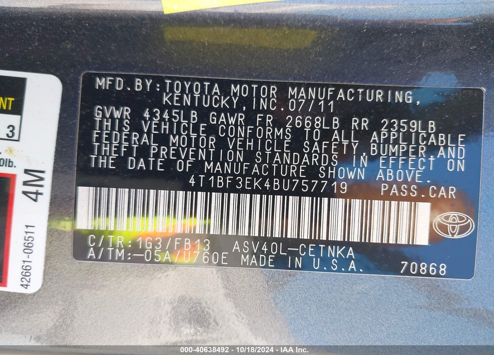 2011 TOYOTA CAMRY LE VIN: 4T1BF3EK4BU757719