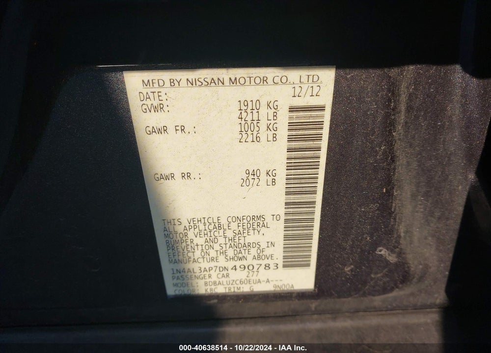 2013 NISSAN ALTIMA 2.5 SV VIN: 1N4AL3AP7DN490783
