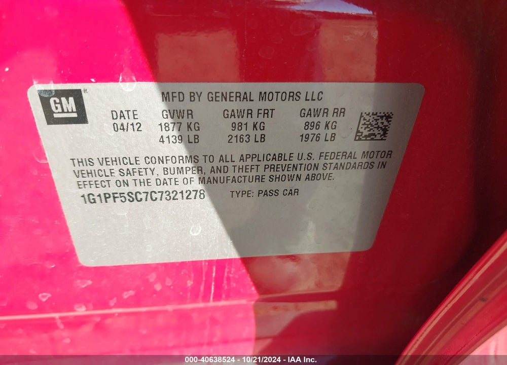2012 CHEVROLET CRUZE 1LT VIN: 1G1PF5SC7C7321278