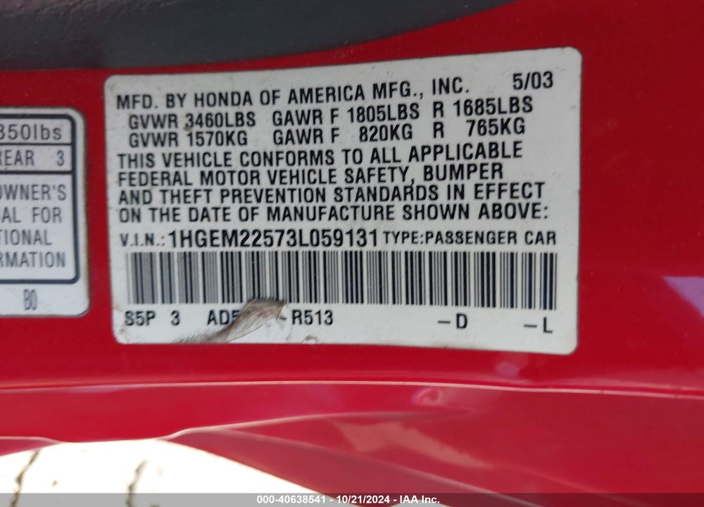 2003 HONDA CIVIC LX VIN: 1HGEM22573L059131