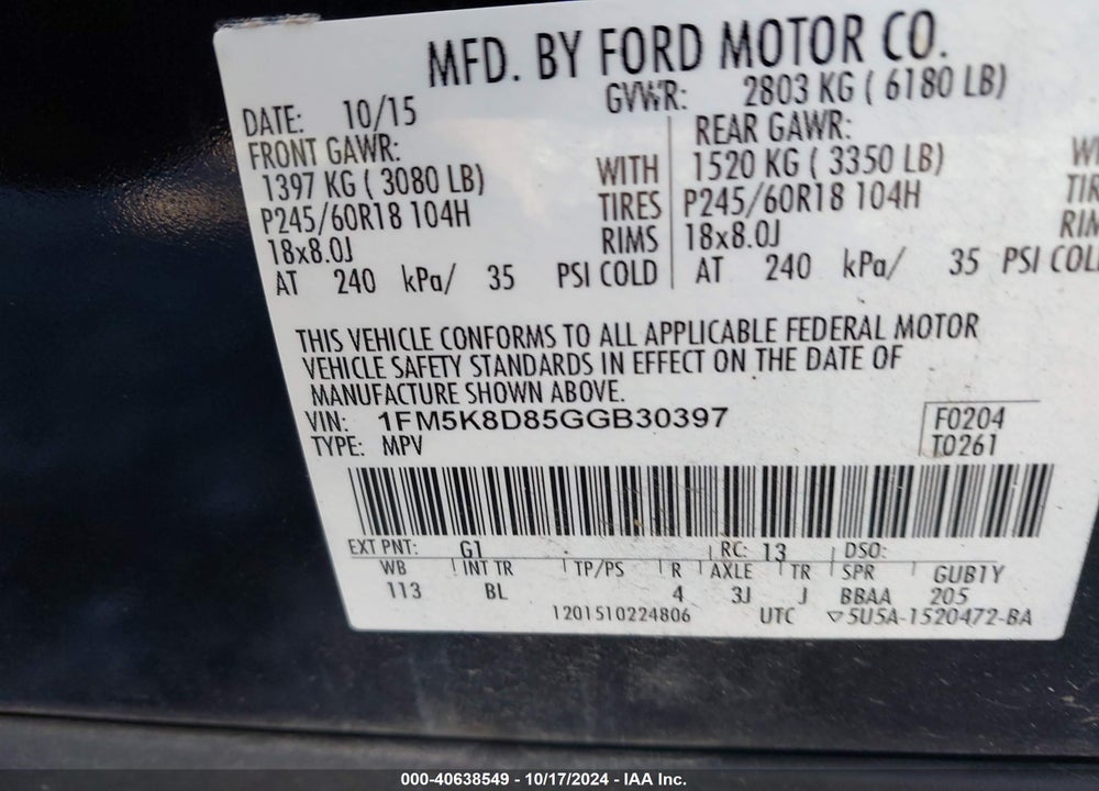 2016 FORD EXPLORER XLT VIN: 1FM5K8D85GGB30397