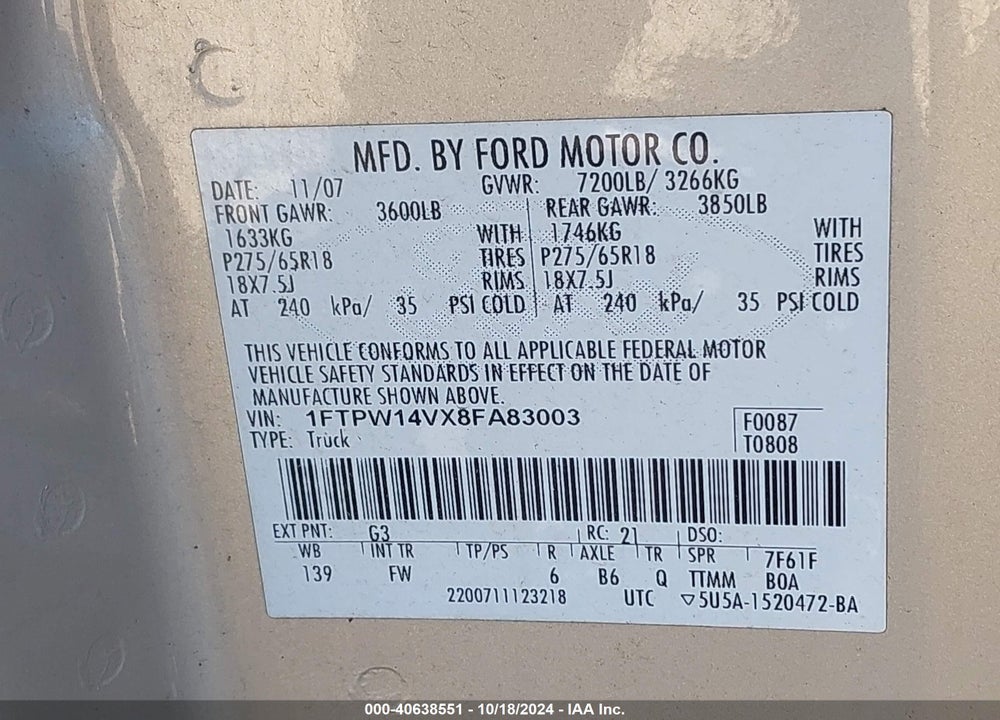 2008 FORD F-150 XLT VIN: 1FTPW14VX8FA83003