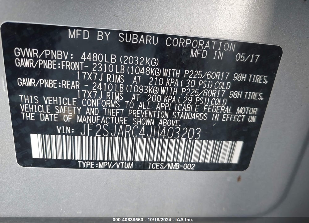 2018 SUBARU FORESTER 2.5I LIMITED VIN: JF2SJARC4JH403203