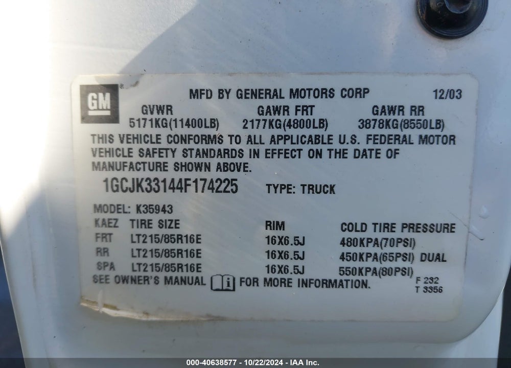 2004 CHEVROLET SILVERADO 3500 LS VIN: 1GCJK33144F174225