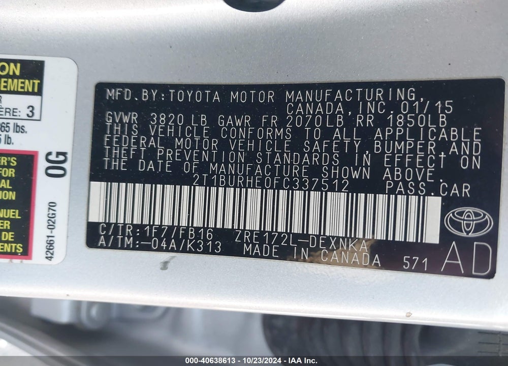 2015 TOYOTA COROLLA LE VIN: 2T1BURHE0FC337512