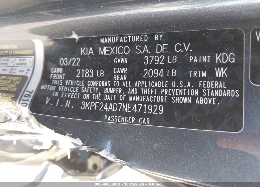 2022 KIA FORTE VIN: 3KPF24AD7NE471929