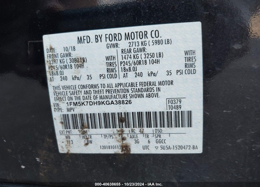 2019 FORD EXPLORER XLT VIN: 1FM5K7DH9KGA38826