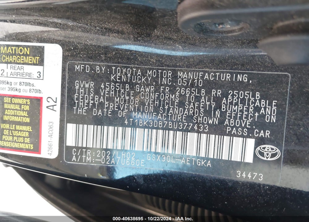 2011 TOYOTA AVALON VIN: 4T1BK3DB7BU377433