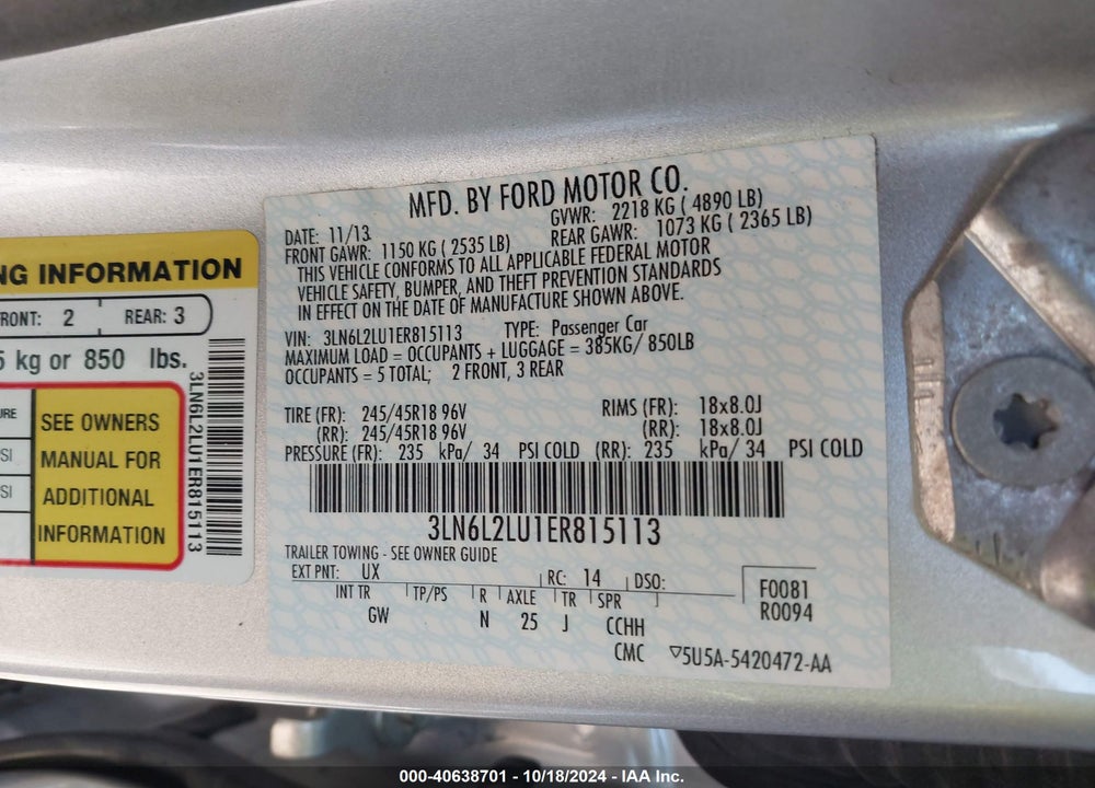 2014 LINCOLN MKZ HYBRID VIN: 3LN6L2LU1ER815113