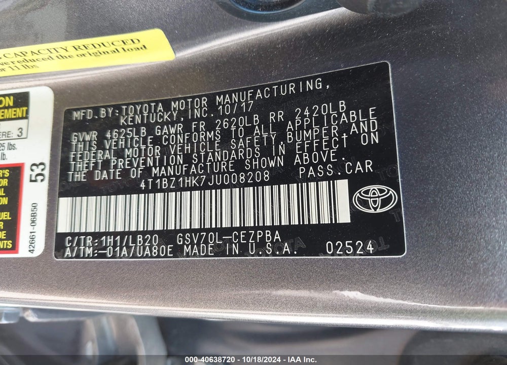 2018 TOYOTA CAMRY XSE V6 VIN: 4T1BZ1HK7JU008208