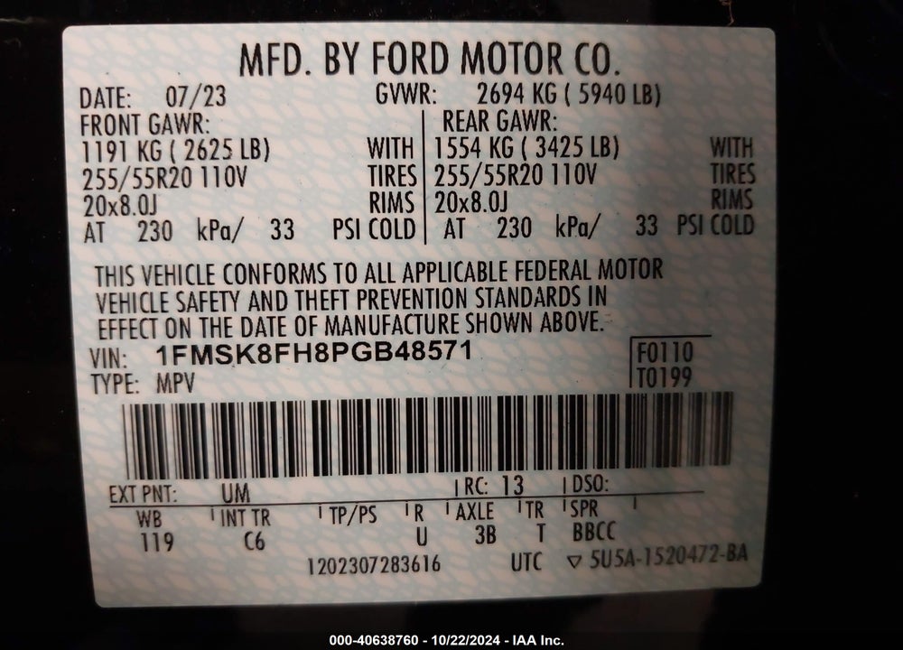 2023 FORD EXPLORER LIMITED VIN: 1FMSK8FH8PGB48571