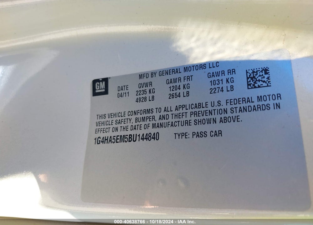 2011 BUICK LUCERNE CX VIN: 1G4HA5EM5BU144840