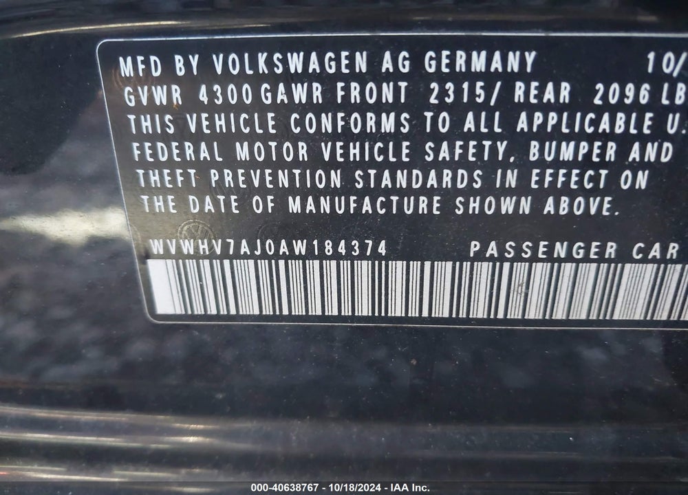 2010 VOLKSWAGEN GTI 4-DOOR VIN: WVWHV7AJ0AW184374