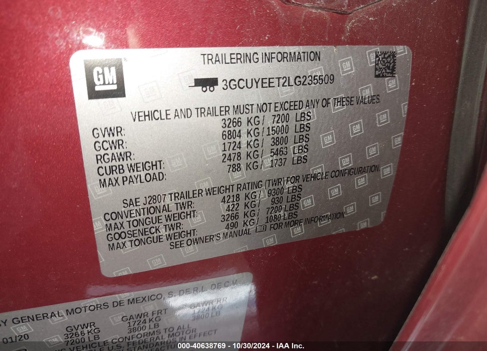 2020 CHEVROLET SILVERADO 1500 4WD SHORT BED RST VIN: 3GCUYEET2LG235509