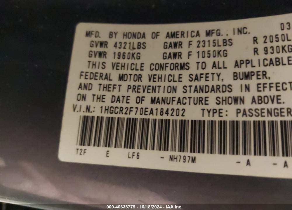 2014 HONDA ACCORD EX VIN: 1HGCR2F70EA184202