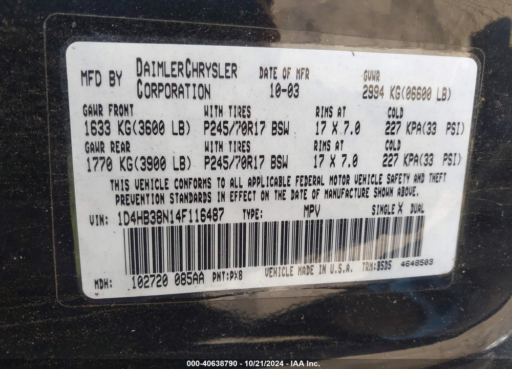 2004 DODGE DURANGO ST VIN: 1D4HB38N14F116487