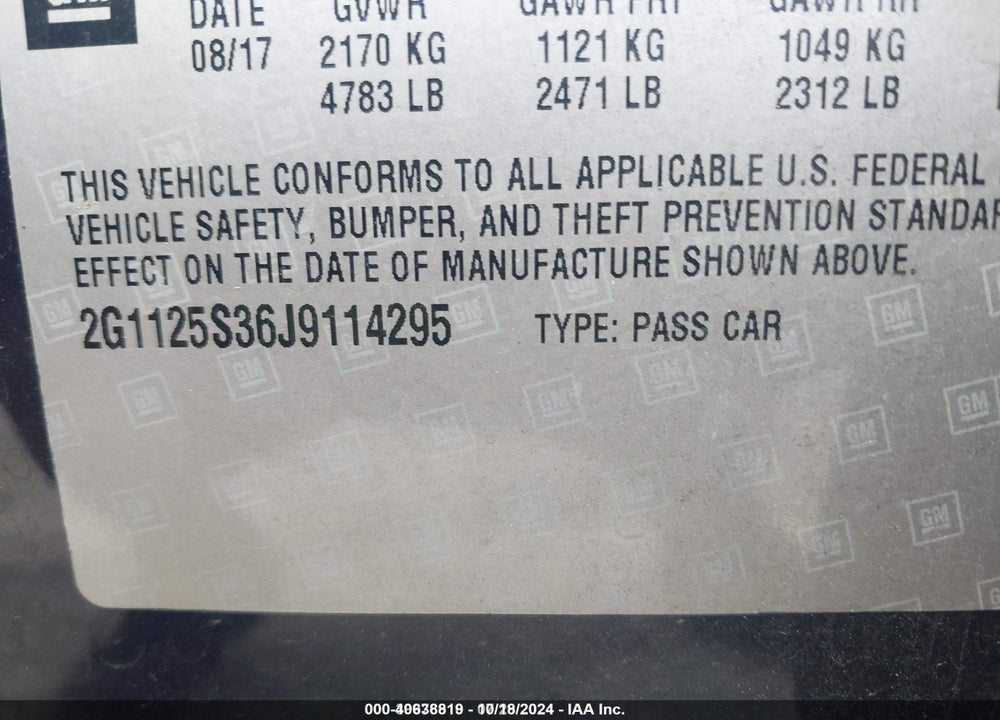 2018 CHEVROLET IMPALA 2LZ VIN: 2G1125S36J9114295