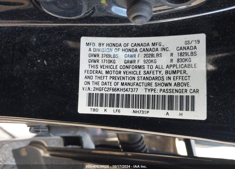 2019 HONDA CIVIC LX VIN: 2HGFC2F66KH547377