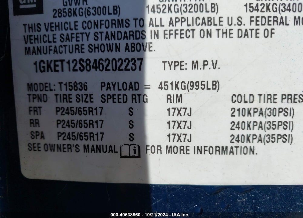 2004 GMC ENVOY XUV SLT VIN: 1GKET12S846202237