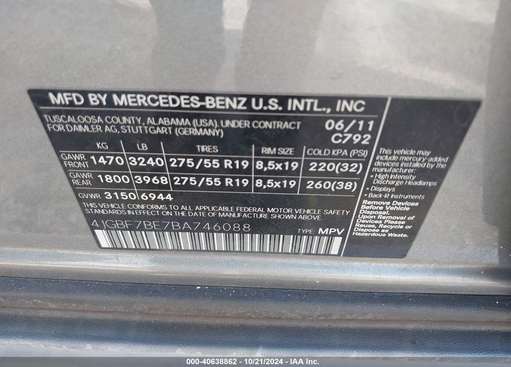 2011 MERCEDES-BENZ GL 450 4MATIC VIN: 4JGBF7BE7BA746088
