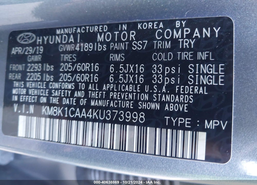2019 HYUNDAI KONA SE VIN: KM8K1CAA4KU373998