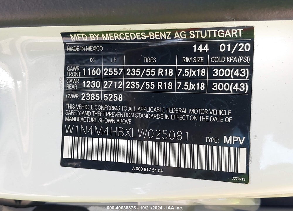 2020 MERCEDES-BENZ GLB 250 4MATIC VIN: W1N4M4HBXLW025081