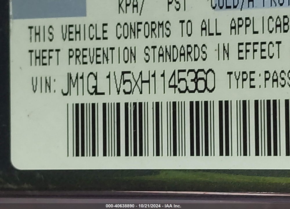 2017 MAZDA 6 TOURING VIN: JM1GL1V5XH1145360