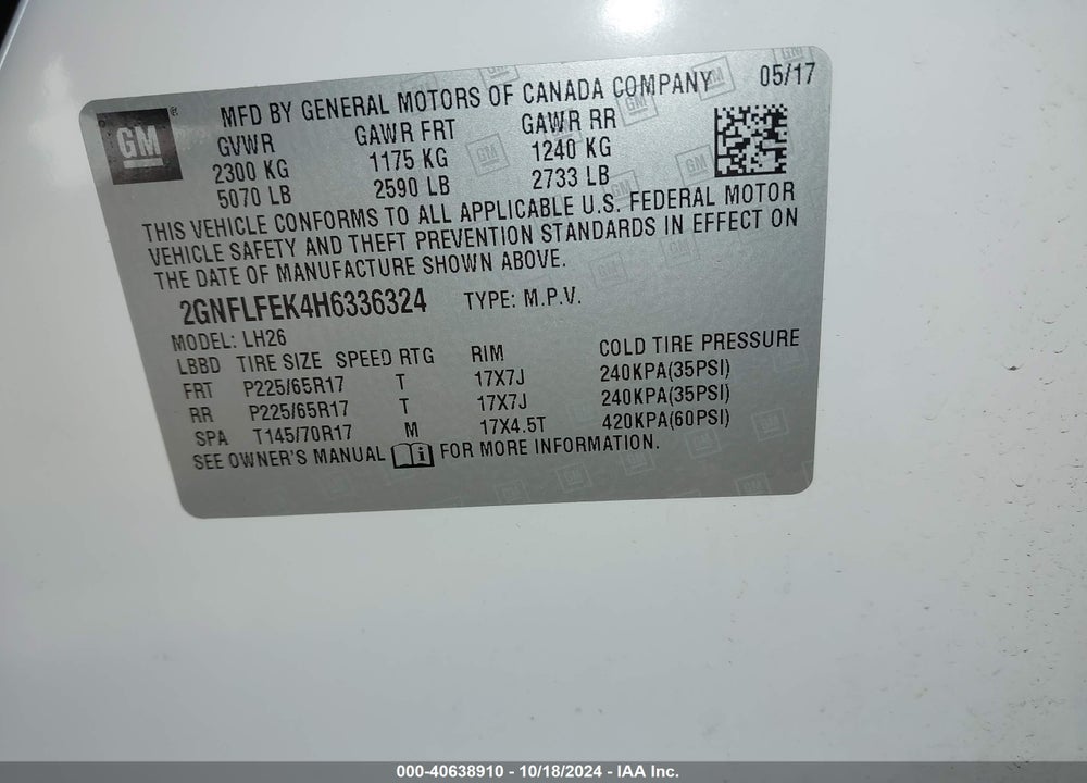 2017 CHEVROLET EQUINOX LT VIN: 2GNFLFEK4H6336324