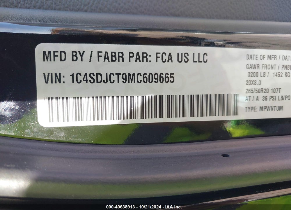 2021 DODGE DURANGO R/T VIN: 1C4SDJCT9MC609665