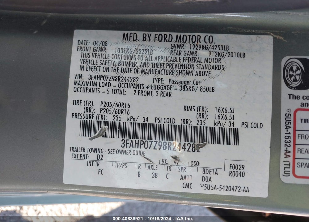2008 FORD FUSION SE VIN: 3FAHP07Z98R244282