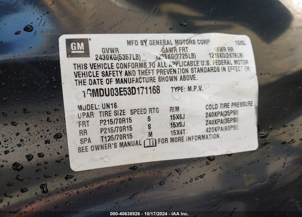 2003 PONTIAC MONTANA N16 VIN: 1GMDU03E53D171168