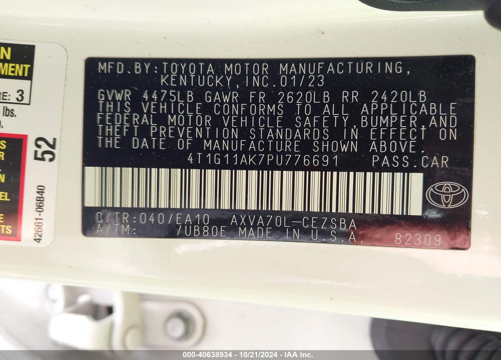 2023 TOYOTA CAMRY SE VIN: 4T1G11AK7PU776691