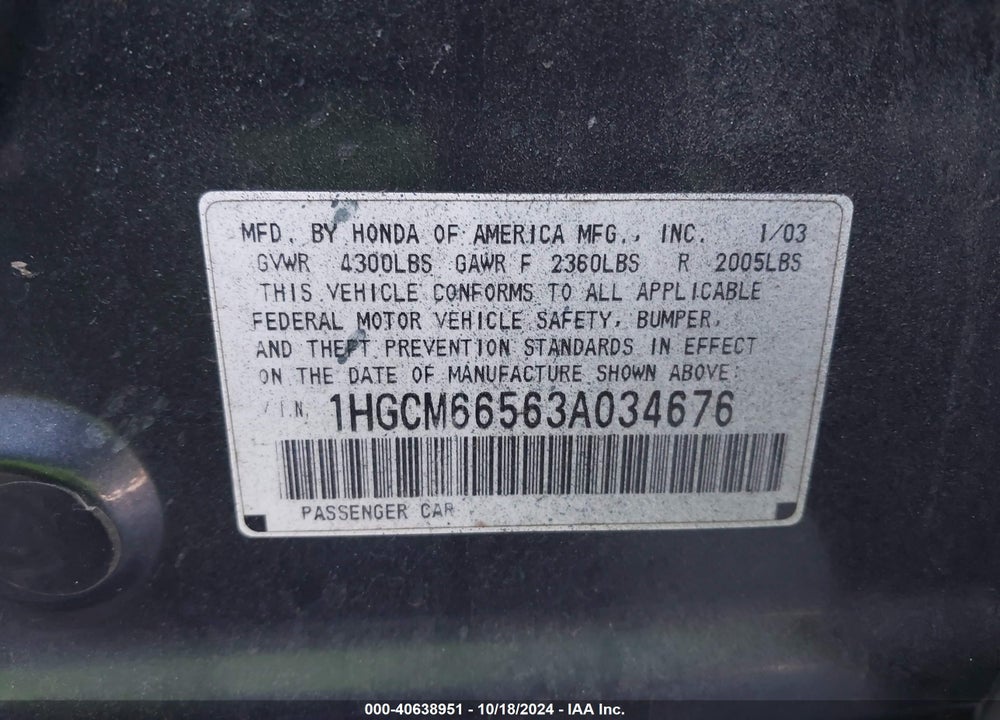 2003 HONDA ACCORD 3.0 EX VIN: 1HGCM66563A034676